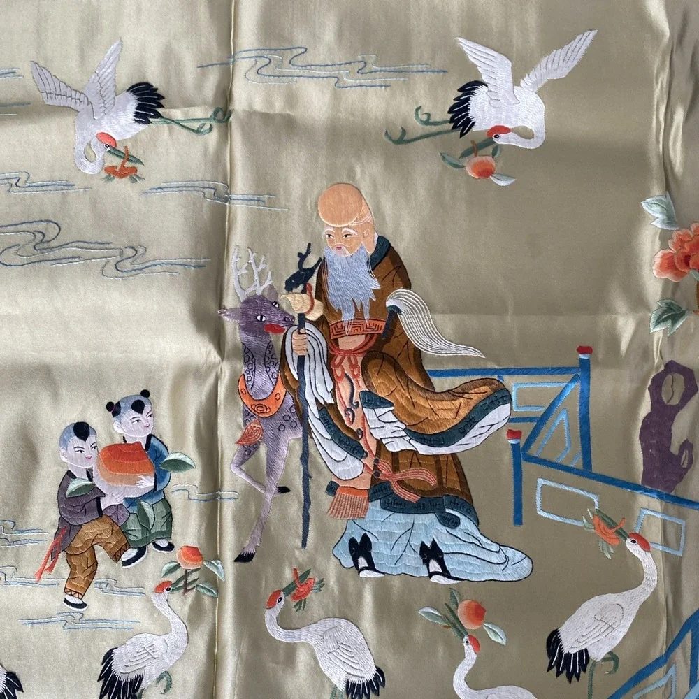 Vtg. Beijing Chinese Hand Embroidery Silk Floral Bird Tapestry Wall Art 43x25